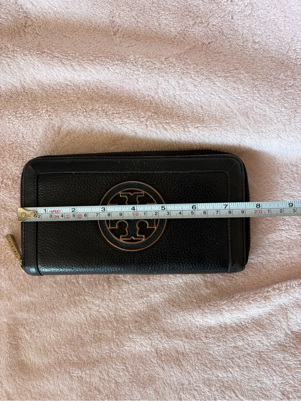 Tory Burch Black Pebbled Leather Zip Wallet with Gold Logo